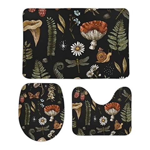 3 Pcs Daisy Mushroom Bath Mat Sets Washable Coral Non Slip Bath Mat Rugs with Backing Pad Contour Rug and Toilet Lid Cover 15 x 25 inches Cover