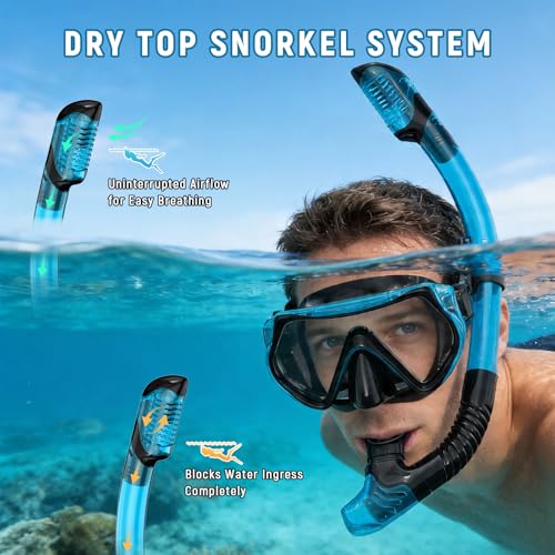 Equipo de snorkel para adultos, máscara de buceo con vidrio templado, snorkel con tapa seca, falda de silicona ajustable, tamaño mediano grande, antiempañante y a prueba de fugas, con bolsa de malla miniatura 5