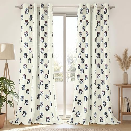 Image of Story@Home Cotton Curtain | Curtains 8 Feet Long Set of 2 | Motif Printed | Bohemian Curtain | Room Darkening | Semi Long Door Curtains for Living Room | (116 X 242 Cm, White & Maroon /Navy Blue)