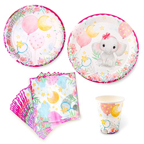 Pink Elephant Baby Shower Decorations For Girl - Serves 16 - Large Plates Small Plates Cups Napkins