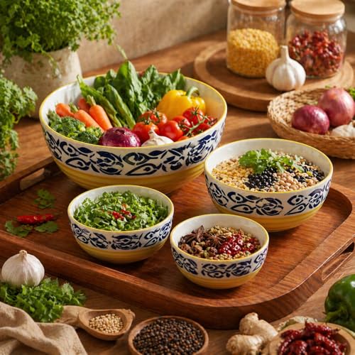 Image of Ceramic Mixing Bowl Set - 4 Pieces (1500ml, 800ml, 600ml, 400ml), Blue Flower Yellow - Durable, Microwave & Dishwasher Safe - Ideal for Mixing, Serving & Storage