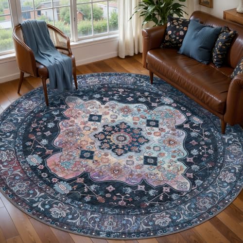 Image of Tangsoo Washable Round Area Rugs 6ft, Vintage Non Slip Large Circle Rug