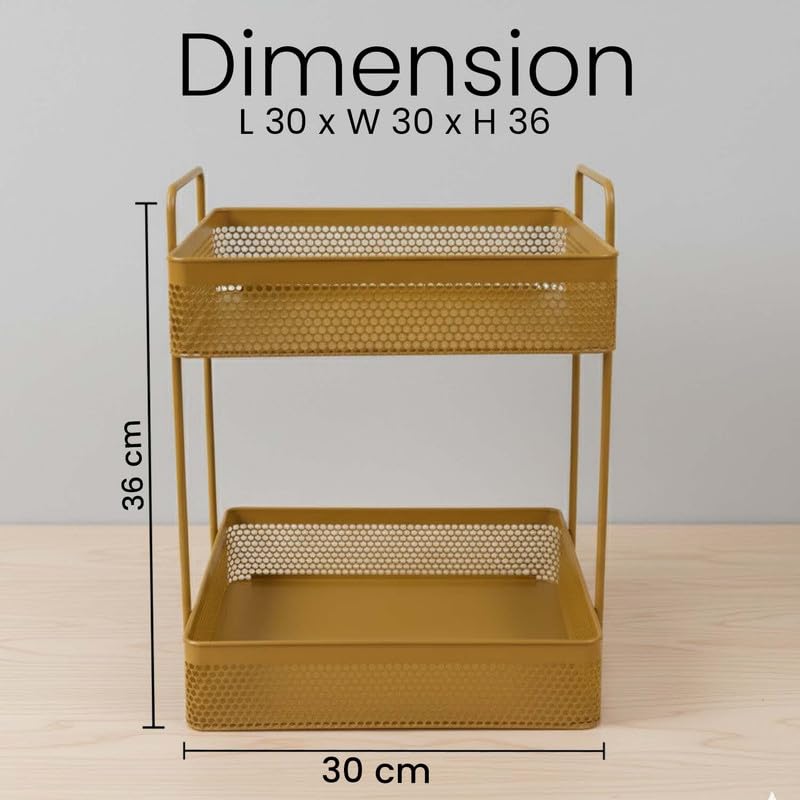 Image of Go Hooked Metal Standing Rack 2-Tier Countertop Organizer | Spices Organizer | Bathroom Essentials | Vanity Storage | Decorative Use | Cosmetic Makeup Storage (Golden)