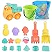 SHANNA Juguetes de Playa Niños, Juegos Playa Bebe Juguetes para la Arena y para la Playa con Coche Cangilón Moldes de Castillo y Bolsa de Malla de Material plástico Blando (17 Piezas)