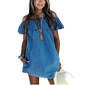 Women’s Blue Jean Dress Off Shoulder  Short Sleeve Loose Denim Mini Dress www.denim.fit 2