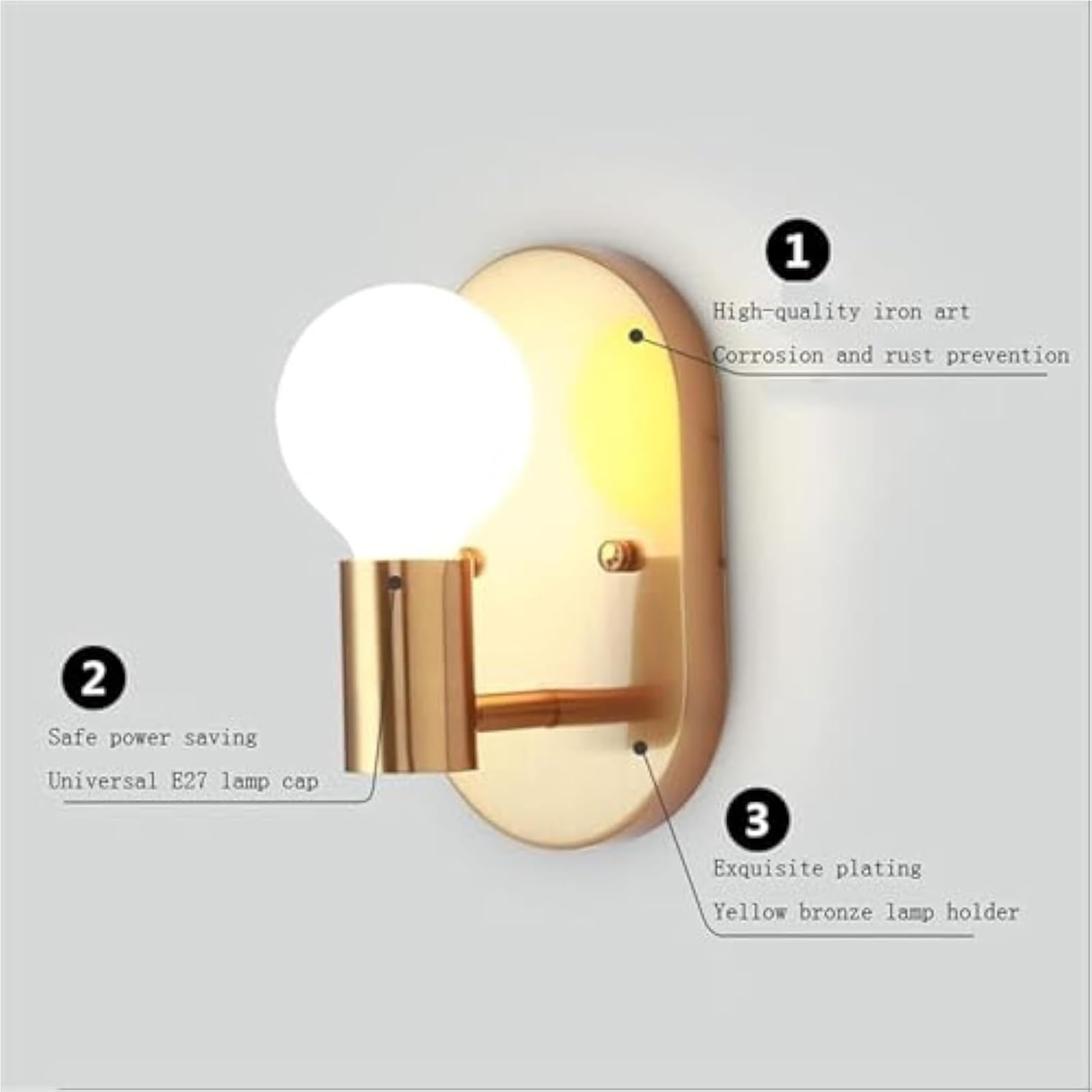 Europejska złota lampa ścienna E27 w stylu retro, owalna, metalowa, do sypialni, na korytarz, dekoracja nocna, lampa sufitowa