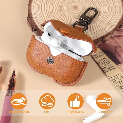 Image of Leather Case for AirPods Pro 3 (2025) | Premium Protective Cover with Snap Lock & Keychain | Shockproof Wireless Charging Compatible Case (Brown)
