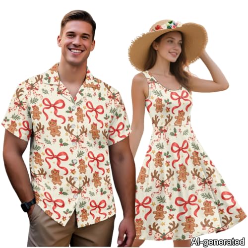 Image of Dreaweet Summer Dresses for Women A-Line Sleeveless Flowy Sun Dresses,Men's Casual Button-Down Shirts,Couple Matching Outfits