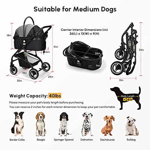 3-in-1 Pet Strollers for Small Medium Dogs Cat with Detachable Carrier Foldable Travel Pet Gear Stroller (Black & Gray)