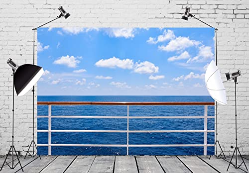 CORFOTO 7x5ft Océano Crucero Telón de Fondo Tela Azul Cielo Viaje Barco Cubierta Barandillas Valla Foto Telón de Fondo Verano Mar Crucero Crucero Tema Fiesta Decoraciones Suministros