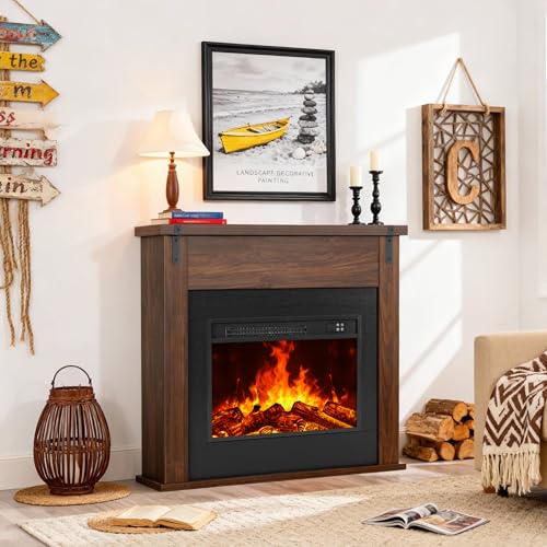 TRONLEE 36' Modern Freestanding Electric Fireplace with Mantel, Minimalist TV Stand Electric Fireplace Mantel for Living Room, Bed Room, Walnut