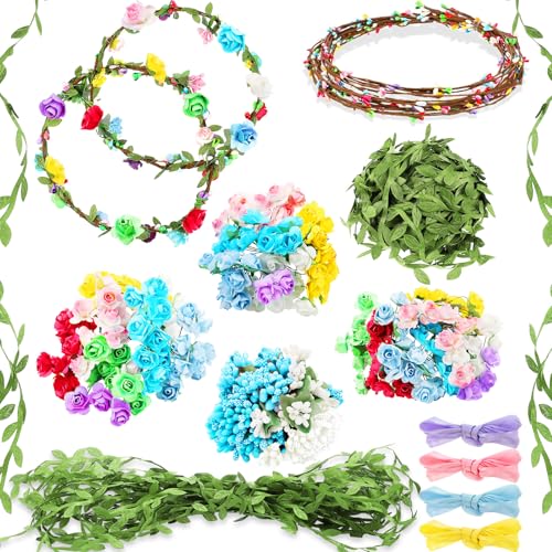 Syhood 20 Sets Flower Crowns Making Kit Make Your Own Flower Crown Wreath Headbands and Bracelets Craft Kit Hair Accessories Handmade DIY Floral Garland Presents for Adults Women