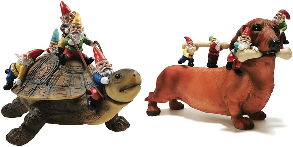 Turtle and Dachshund Garden Gnome Statues Yard Art Resin Figurine Decorations Outdoor Garden Décor