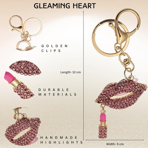 Image of Bling Crystal Lips and Lipstick Shaped Key Ring | Keychain Pendant Charm for Girls Bags, Wallets and Luggage - Pink