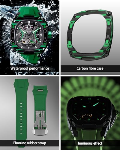 Image of TSAR BOMBA Luxury Mechanical Watches for Men with Carbon Fiber Case Men Wristwatch Luminous 5ATM Water Resistant Men's Watch with Fluorine Rubber Strap Great Gifts for Men