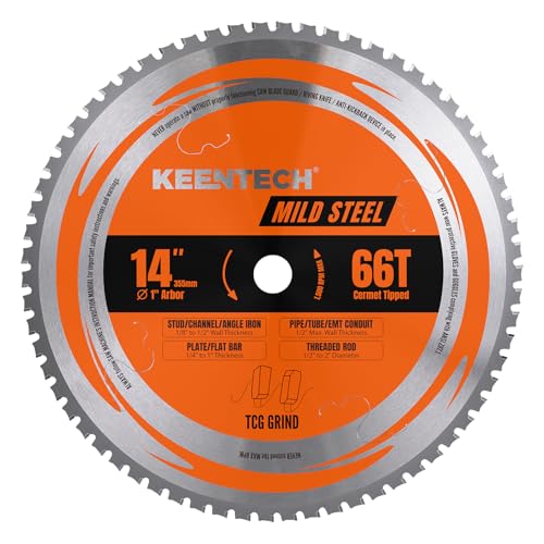 KEENTECH 14 Inch 66T Cermet Metal Cutting Saw Blade with No Heat, No Burrs & Virtually No Sparks for Mild Steel, Angle Iron & Pipe, Precision TCG Grind, 1 Inch Arbor Fits Evolution Chop Saws