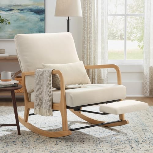 HOMCOM Silla Mecedora con Reposapiés, Respaldo Ajustable, Mecedora de Pana Nórdica, Patas de Madera, Reposabrazos, Cojín Lumbar, Sillón de Relax, Carga 120 kg, para Dormitorio, Salón, Crema