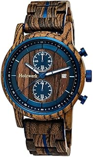 Holzwerk Germany Handgefertigte Designer Herren-Uhr Öko Natur Holz-Uhr Chronograph Armband-Uhr Analog Quarz-Uhr Braun Blau Datum Holz