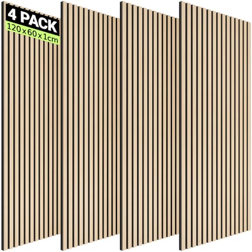 TONOR 4 Pack Paneles Acústicos de Chapa de Madera, 120 x 60 x 1 cm, Panel para Pared, Aislante Acustico Decorativa en 3D, Espuma Insonorizantes para el Salón, el Despacho, la Encimera, Roble