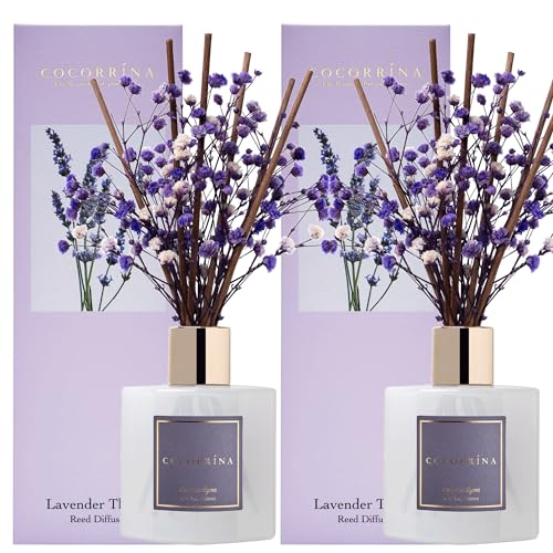 Image of Cocorrina Premium Reed Diffuser Set with Preserved Baby's Breath & Cotton Stick Lavender Thyme 2 Packs, 6.7oz Scent Fragrance Oil Diffuser for Bedroom Bathroom Home Decor