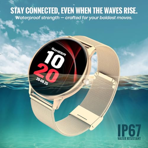 Image of GameSir Glavito Round Dial Smartwatch with 1.49 inch AMOLED Display, 100+ Sports Modes, Bluetooth Calling, Functional Crown Control, Health Tracking, 100+ Watch Faces for Men & Women (Millanese Gold)
