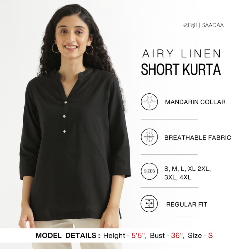 Image of SAADAA Women Short Kurti Airy Linen Regular Fit Kurta with 3 /4th Sleeves, Mandarin Collar, Side Slit Perfect for Casual, Formal, and Ethnic Wear