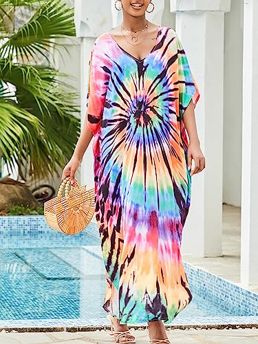 Chunoy Women Loose Lightweight Turkish Summer Boho Caftan Sleeve Rainbow Circle Long Beach Cover Up Kaftan Maxi Dress thumb #1