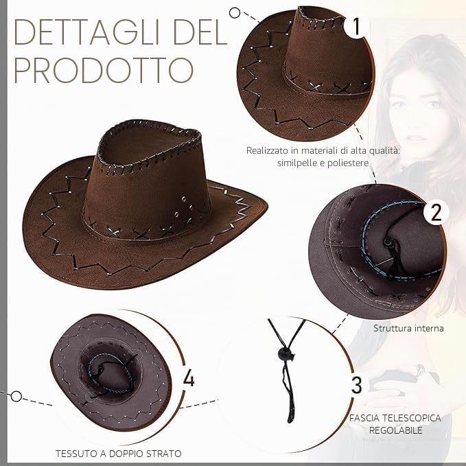 Cappello da cowboy con 6 bandana, confezione multipla, cappelli da cowboy, cappelli da cowboy, per uomo e donna, cappello da cowgirl con cinturino regolabile, per feste a tema cowboy, cavalli da