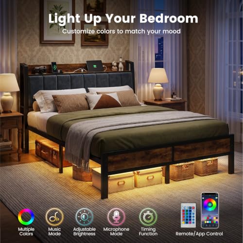 Image of Liians Queen Size Bed Frame with Storage Headboard, LED Lights | Charging Station, Heavy Duty, Metal Platform Bed, Noise Free, No Box Spring Needed