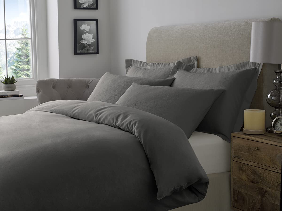 100% Brushed Cotton Duvet Cover Sets | Plain Dyed Reversible Flannelette Bedding Sets With Matching Pillowcases (King, Charcoal), (BCDC)