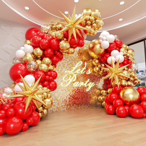132pcs Red and Gold Balloon Arch Kit, Red and Gold Balloons with 22inch Foil Balloons Gold Confetti White Latex Balloons for Wedding Valentine's Day Engagement Anniversary Birthday Party Decorations