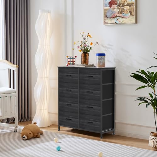 Image of OLIXIS 8 Drawer Dresser TV Stand, Entertainment Center, Media Console Table with Metal Frame and Wood Top,Chest of Drawers for Bedroom, Living Room, Black Wood Grain