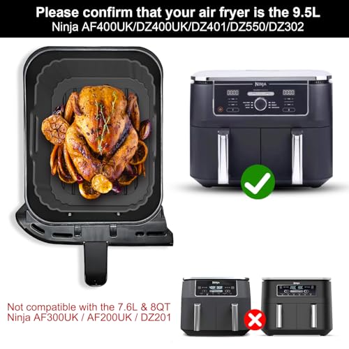 Image of 10QT Large Thickened Silicone Air Fryer Liners 2 Pack for Ninja Foodi Dual Zone DZ550 DZ401 DZ550GY DZ302, Reusable 2-Basket Trays, 6-in-1 DualZone Airfyer Accessories