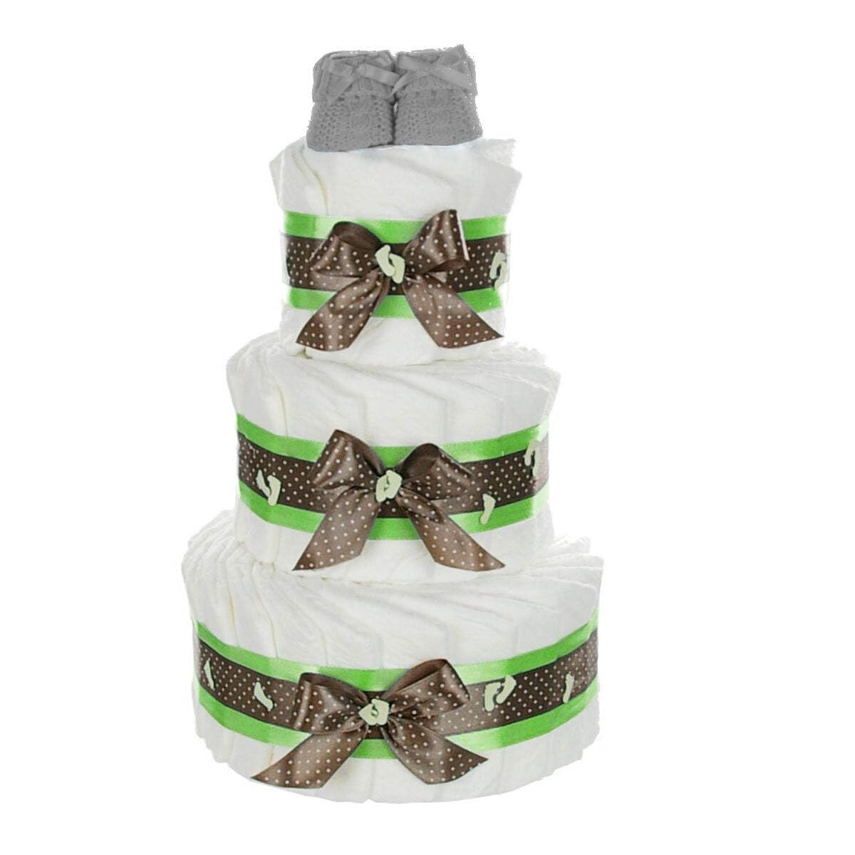 Große Windeltorte mit Babybooties grün neutral / 59-teilig / 3-stöckig