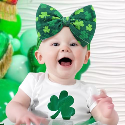 6” Large St Patricks Baby Bows Shamrock Clover Headbands Hairband Green Nylon Bows for Newborn Girls Infants Toddlers St Patricks Day Hair Accessories2