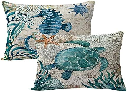 7COLORROOM 2Pack Beach/Coastal Throw Pillow Covers Sea Turtle/Sea Horse Rectangular/Waist Cushion Cover Sea Theme Decorative Cotton Linen Pillowcases 12" x 20"(Multi, 12"×20")