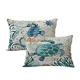 7COLORROOM 2Pack Beach/Coastal Throw Pillow Covers Sea Turtle/Sea Horse Rectangular/Waist Cushion Co