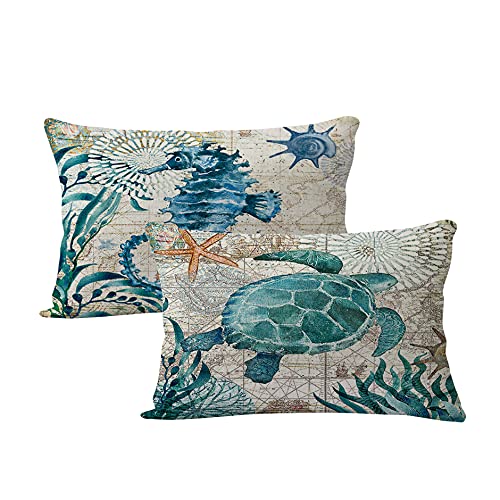 7COLORROOM 2Pack Beach/Coastal Throw Pillow Covers Sea Turtle/Sea Horse Rectangular/Waist Cushion Cover Sea Theme Decorative Cotton Linen Pillowcases 12" x 20"(Multi, 12"×20")