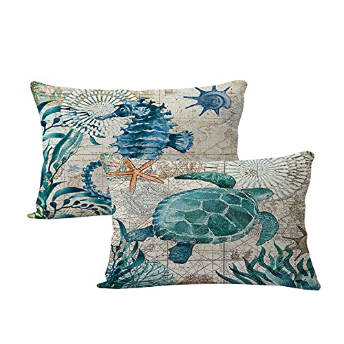 7COLORROOM 2Pack Beach/Coastal Throw Pillow Covers Sea Turtle/Sea Horse