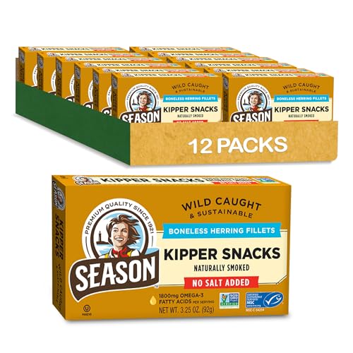 Season Kipper Snacks - Boneless Herring Fillets, No Salt Added, Naturally Smoked, Wild Caught, Keto Snacks, Certified Sustainable Seafood, Non-GMO, 18g of Protein - 3.25 Oz, 12-Pack