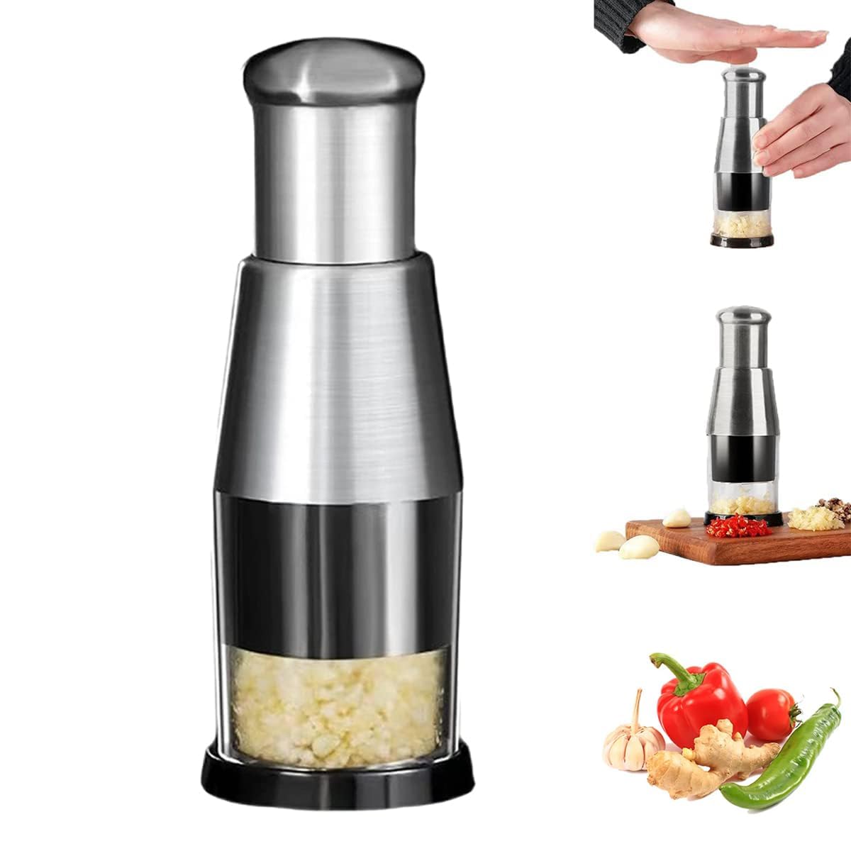 – X spring Pressed Garlic Chopper, Easy to Clean Manual Vegetable Chopper, Manual Slap Safety Food Chopper with Container, Onion Chopper Mincer for Garlic, Onion, Ginger, Pepper, Celery, etc