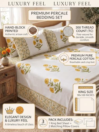 Image of Premium Bedsheet with 2 Pillow Covers I Hand Block I Pure & Soft Cotton I 300 TC I 90x108 inches (King Size Double Bed Bedcover) I Floral Pattern I Yellow
