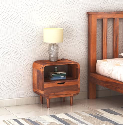 Image of Furniture Solid Sheesham Wood Bedside End Table with 1 Drawer and 1 Open Shelf Storage for Bedroom Wooden Nightstand Table Home Office (Honey Finish)