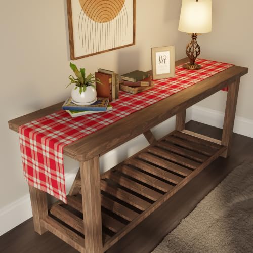 Image of Encasa XO Cotton Table Runner for 4 to 6 Seater | Size 13x72 in | Franca Red Checks - Machine Washable & Durable