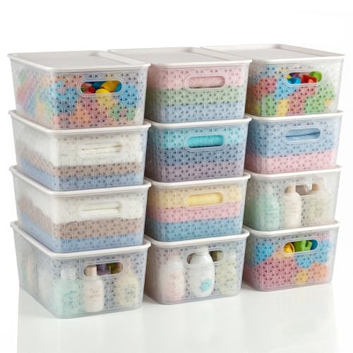 Kuber Industries 12 Pcs Plastic Large Solitaire Storage Basket with Lid & Handle | Multipurpose Storage Rectangular Box for Cloths Toys & Books | H5 - Transparent