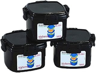 Sistema® Small Plastic Snack Fruit Breakfast Lunch Box Food Storage with Locking Clip Lid 400ml Black - BPA Free (3pcs)