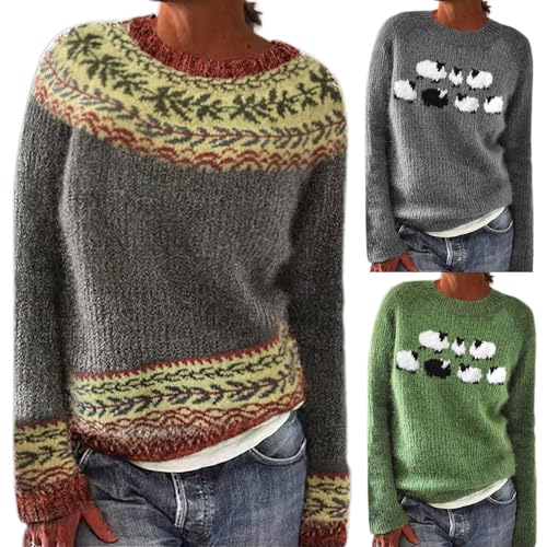 Fair Isle - Suéteres de Navidad de gran tamaño para mujer, suéteres de punto nórdico, islandés, noruegos, térmicos, cálidos, vintage, gráficos, de manga larga, verde, L
