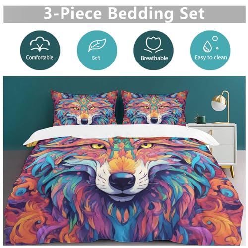 ZGDPBYF Conjunto de colcha King Size 3 peças, lobo animal selvagem psicodélico abstrato padrão lobo