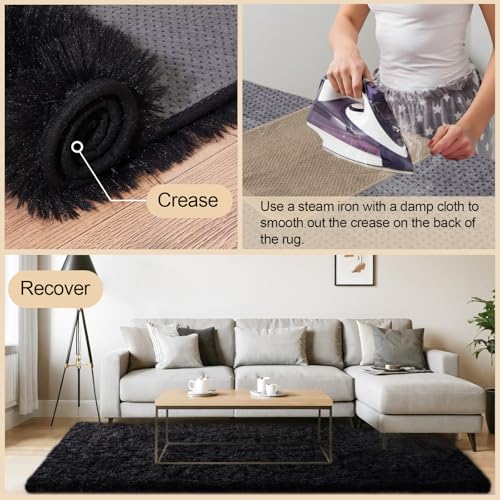 Black Rugs for Bedroom, 2x3 Feet Fluffy Area Rugs for Living Room, Soft Shag Kids Rug Small Carpet with 4 Non-Slip Rug Pads (2ft x 3ft, Black)
