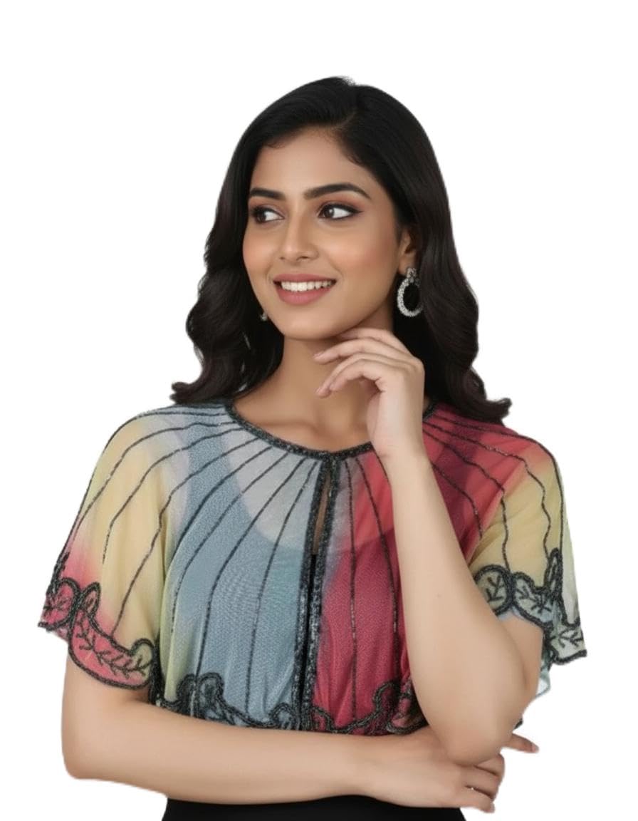 Liva Women's Net Poucho Cape Shrug with Hand Embroidery, Elegant Design, Free Size, Scalloped Hem (in, Alpha, Free Size, Regular)-image-48